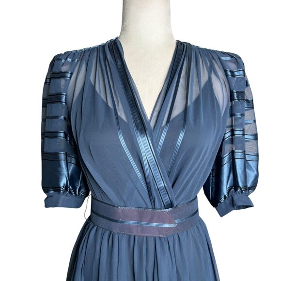 Vintage Blue Sheer Midi Dress Sz Small Metallic Striped Puff Sleeves Belted - Picture 2 of 12